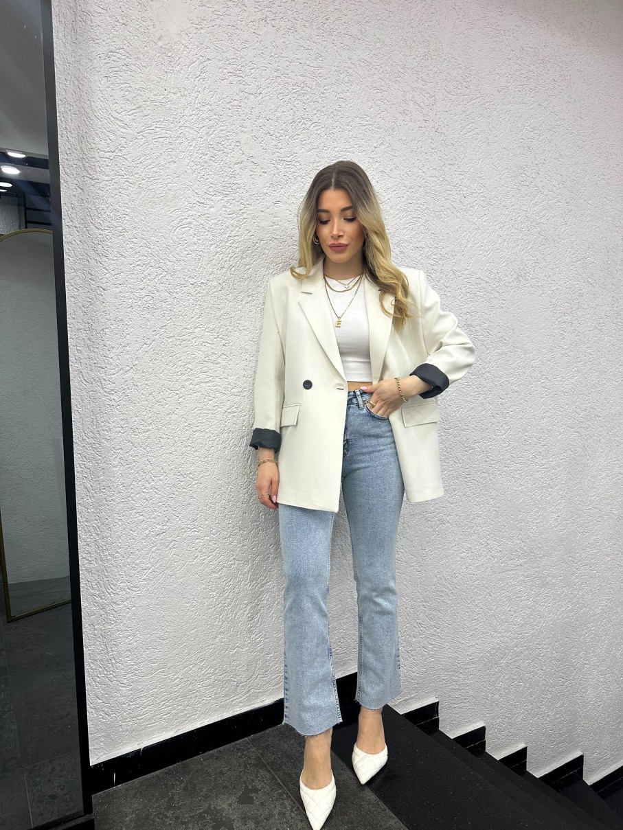 Jacke | cksisters Beyaz Atlas Kumas Kruvaze Blazer Ceket