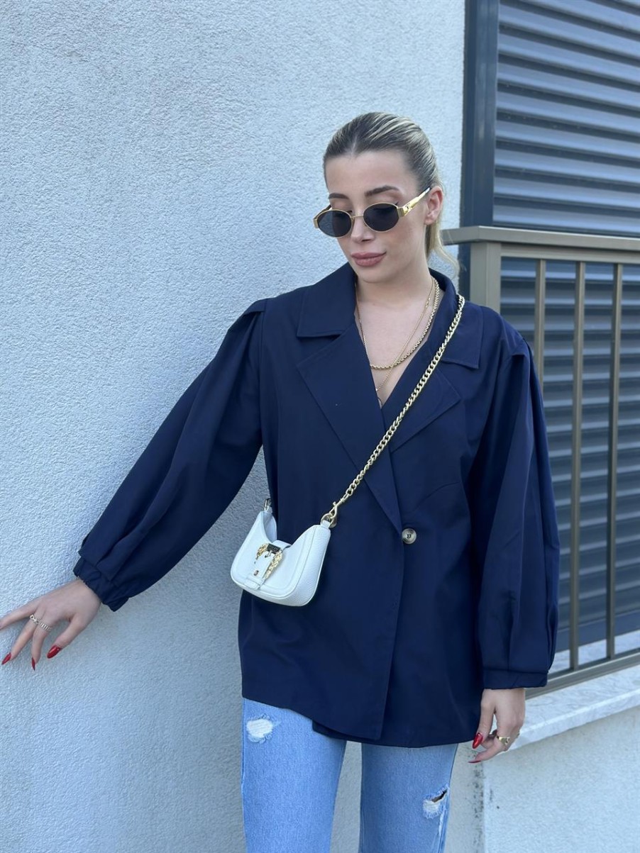 Trenc | cksisters Marineblauer Trenchcoat Mit Ballonarmeln