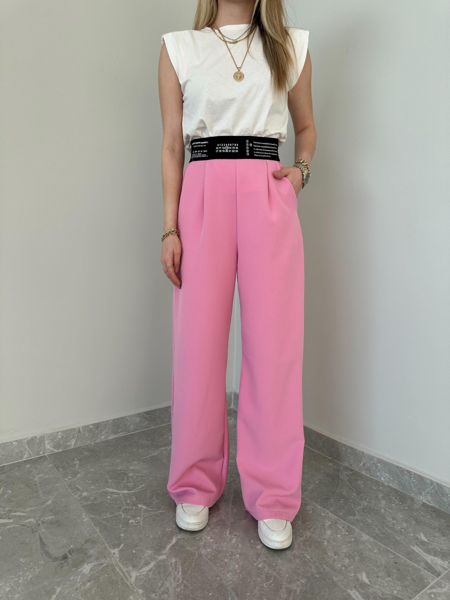 Hose | cksisters Pembe Beli Yazi Detayli Lastikli Genis Pacali Pantolon