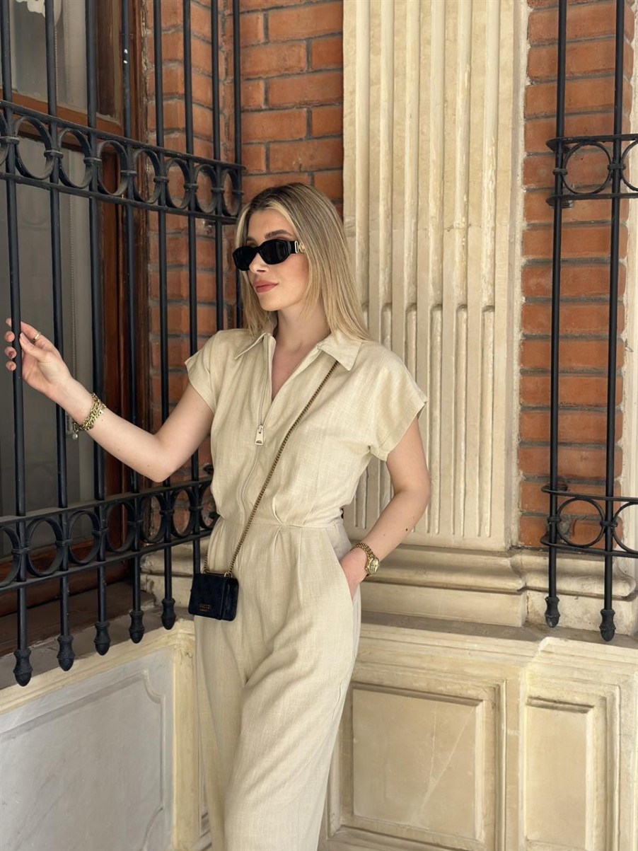 Tulum | cksisters Premium-Jumpsuit Aus Rohem Leinen Steinfarbe