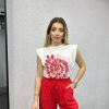 T-Shirt | cksisters Weis-Rot Bedrucktes Wattiertes T-Shirt