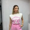 T-Shirt | cksisters Beyaz-Pembe Baskili Vatkali Tisort