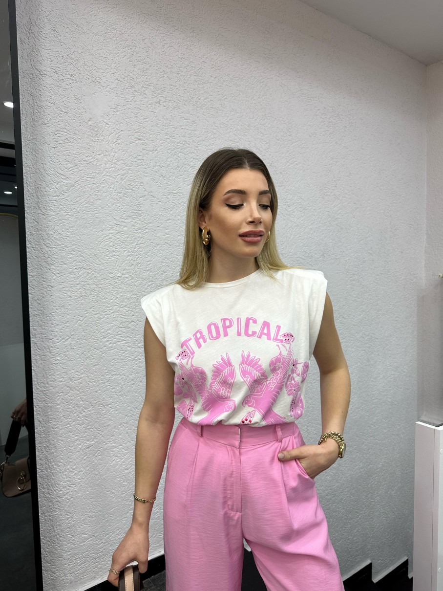 T-Shirt | cksisters Beyaz-Pembe Baskili Vatkali Tisort