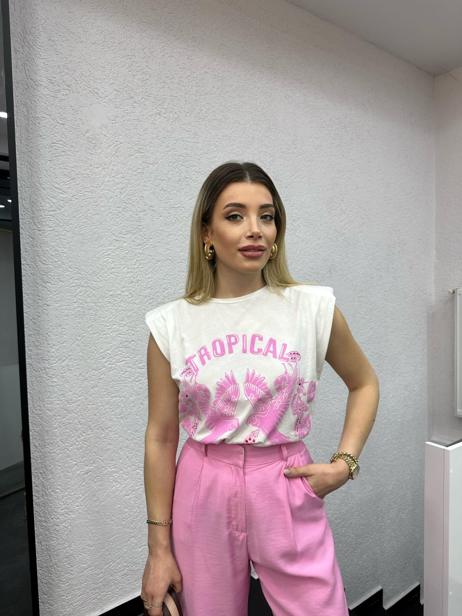 T-Shirt | cksisters Beyaz-Pembe Baskili Vatkali Tisort