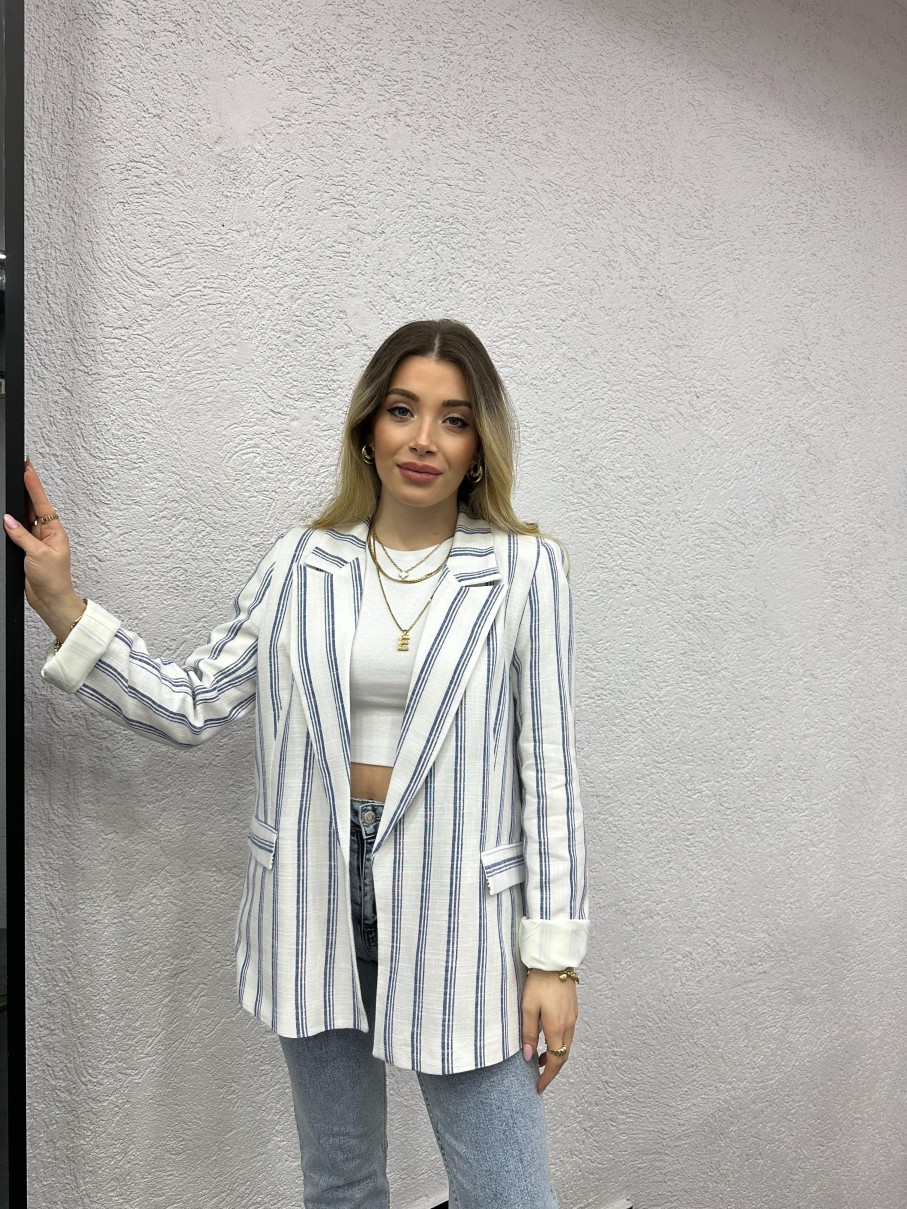 Jacke | cksisters Beyaz-Mavi Cizgili Keten Blazer Ceket